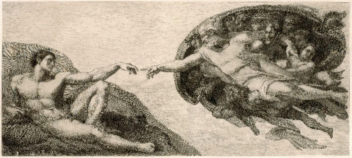 An etching depicting God giving life to Adam, with both figures extending their fingers towards each other, based on Michelangelo's creation scene on the Sistine Chapel ceiling.