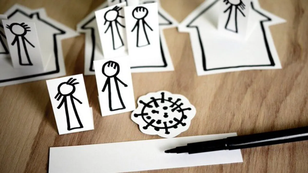 Stick figure drawing of people in their homes, stylised COVID19 virus, and pen and paper