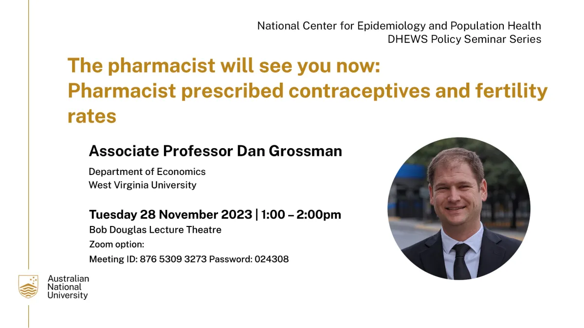 Promotional graphic for a seminar titled &quot;The pharmacist will see you now: Pharmacist prescribed contraceptives and fertility rates&quot; featuring Associate Professor Dan Grossman, scheduled for 28 November 2023, with Zoom details included.