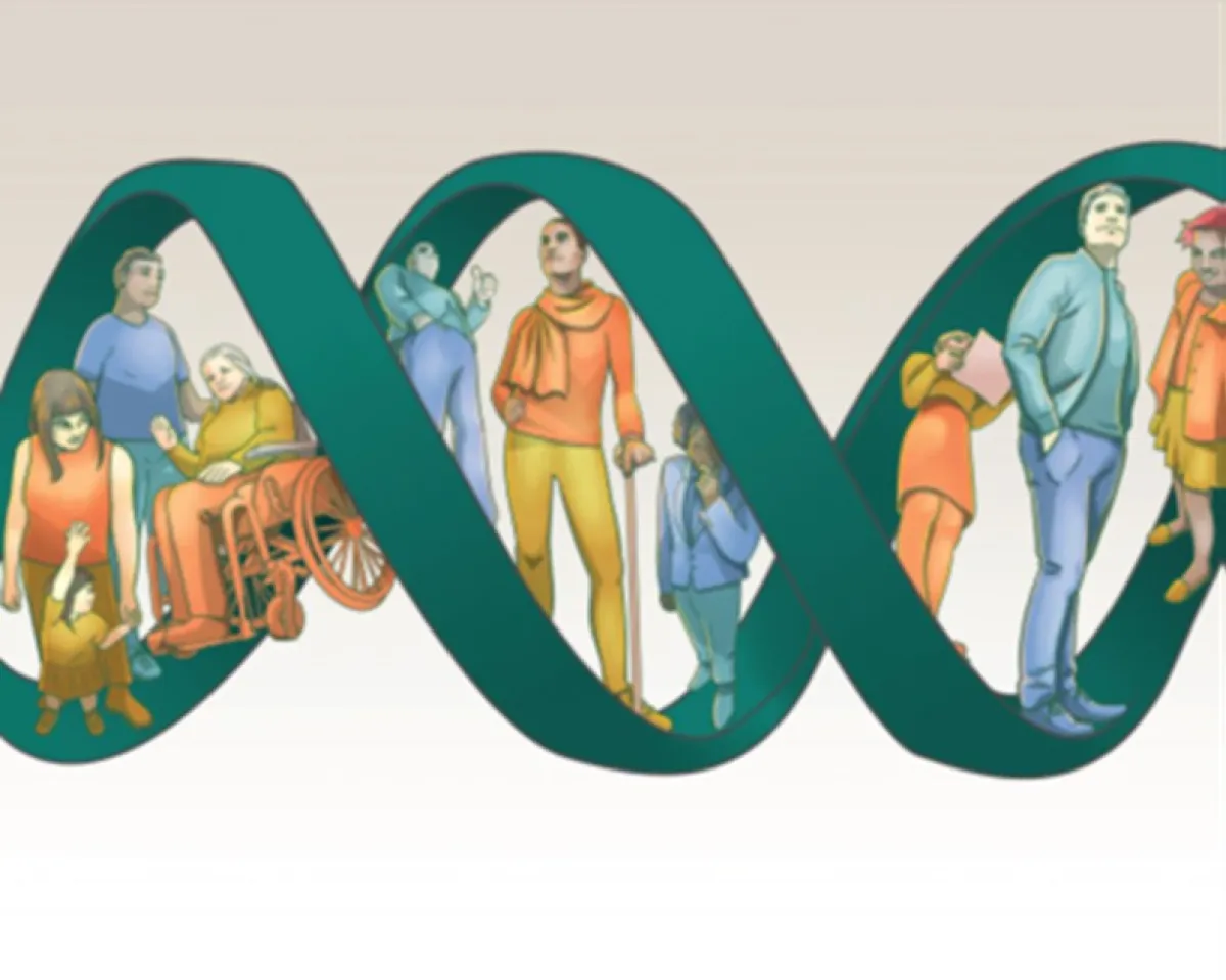 Illustration depicting a diverse group of people, including individuals with disabilities, within a DNA double helix structure to symbolize genetic diversity in humans.