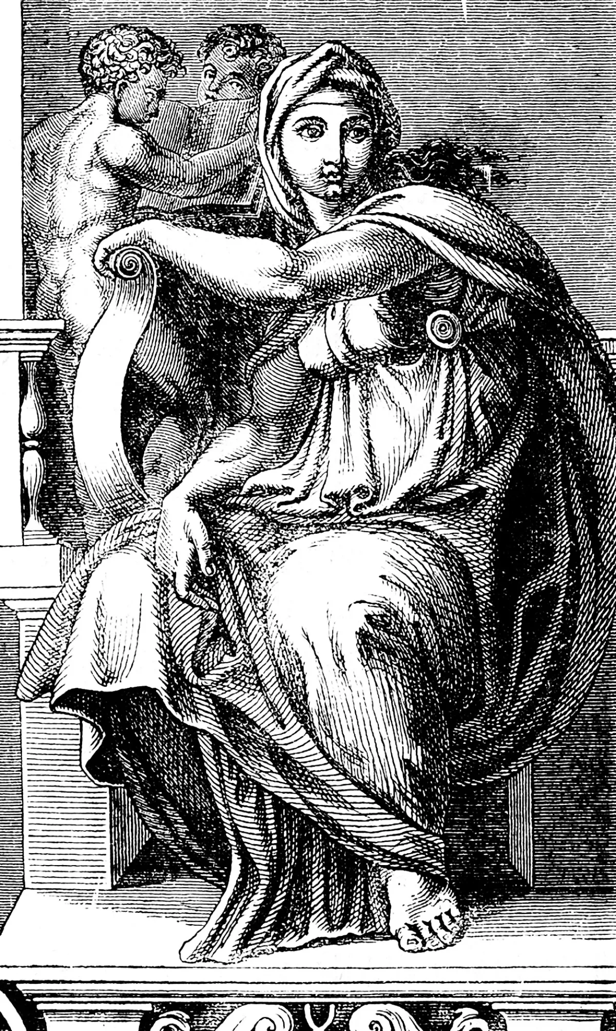 Engraving of a draped woman with a serene expression seated next to a cherub playing an instrument.