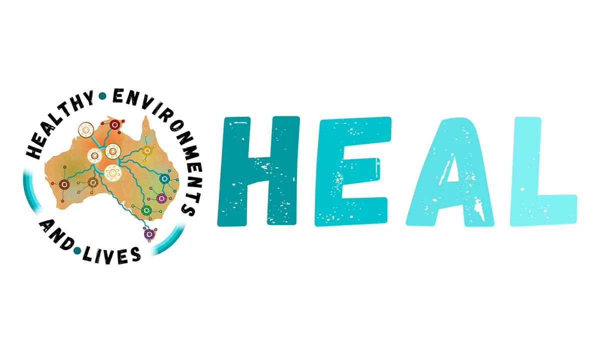 Graphic featuring a map of Australia with colorful connected icons, surrounded by the words &quot;Healthy Environments and Lives&quot; and the large text &quot;HEAL&quot;.