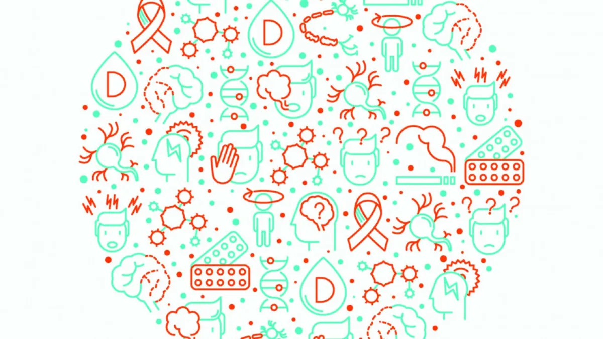 A circular arrangement of red line icons related to health and medicine, including symbols for drugs, bacteria, organs, and health awareness ribbons on a white background.