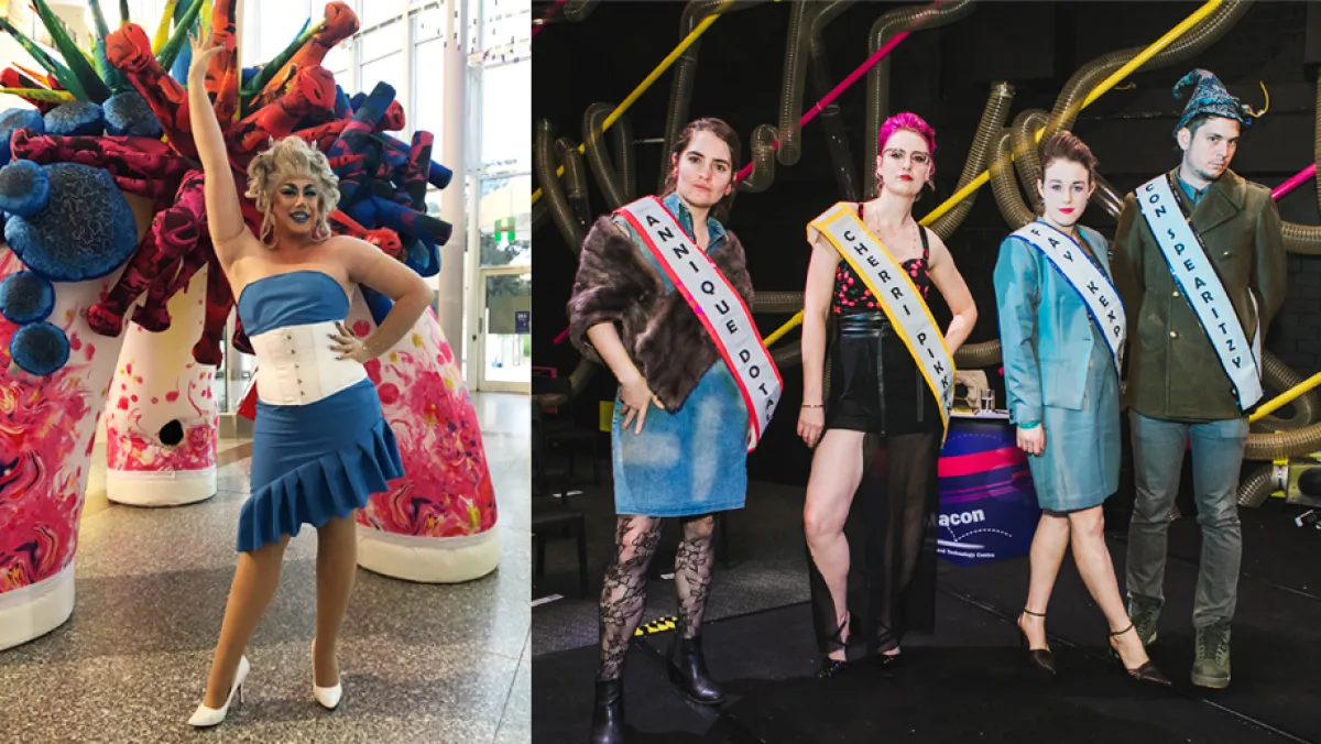 Pageant host Toni Kola, and contestants Fay Kexperts, Annique Dotal, Cherri Pickken, and Con Spearitzy played by Centre for the Public Awareness of Science (ANU) students. Photo: Liz Drummond and Questacon