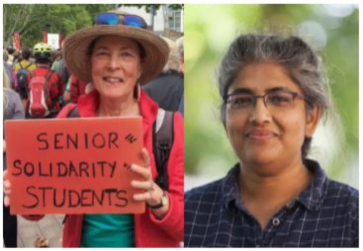 A woman in a red hat holding a sign that reads "SENIOR SOLIDARITY WITH STUDENTS" next to a close-up portrait of a smiling woman with glasses.