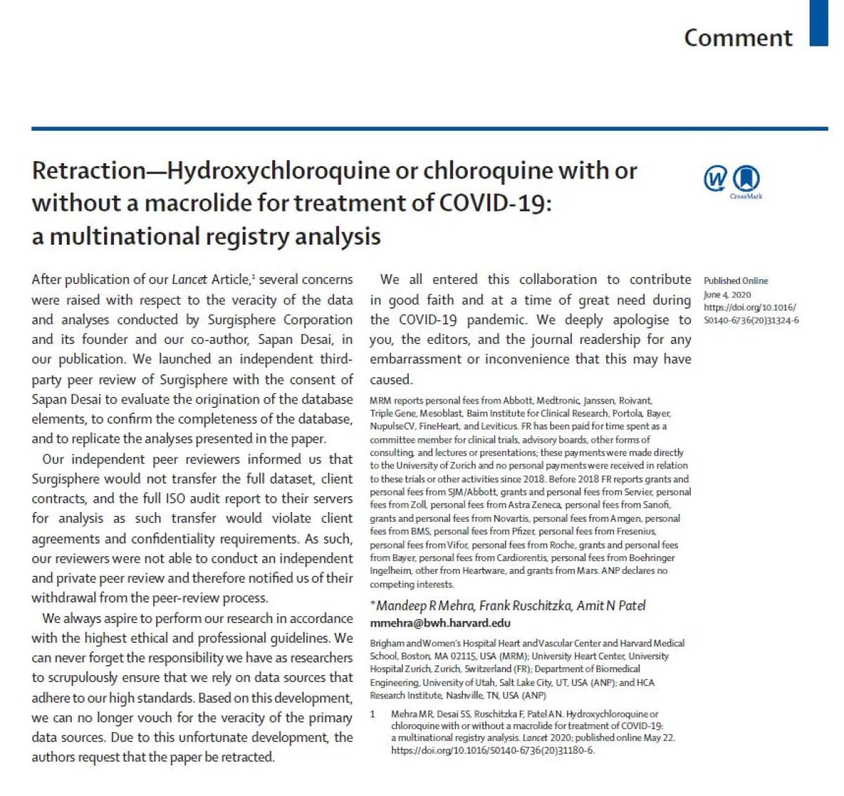 A screenshot of a document titled &quot;Retraction—Hydroxychloroquine or chloroquine with or without a macrolide for treatment of COVID-19: a multinational registry analysis&quot; published in the Lancet, detailing the retraction reasons and acknowledgments.