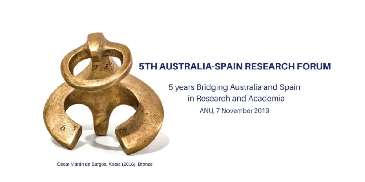 Promotional image for the 5th Australia-Spain Research Forum featuring a bronze sculpture titled "Koala" by Óscar Martín de Burgos, emphasizing five years of collaboration between Australia and Spain in research and academia.