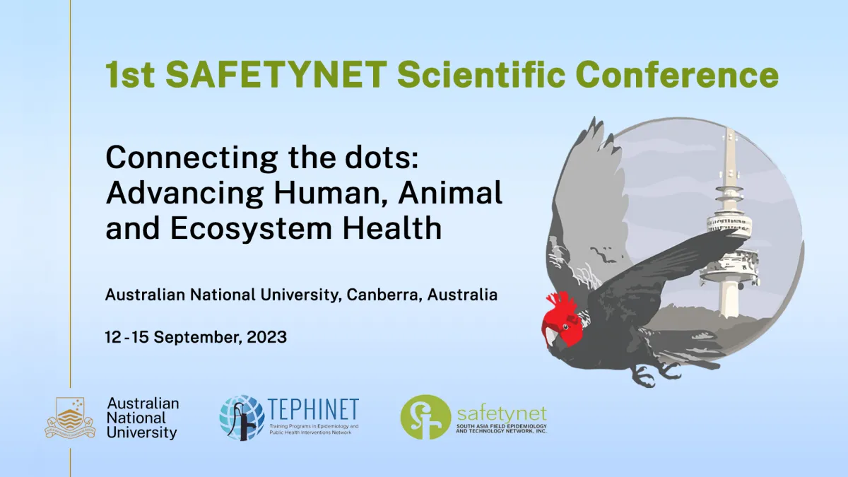 Promotional graphic for the 1st SAFETYNET Scientific Conference at Australian National University focusing on human, animal, and ecosystem health, featuring abstract art of a bird and a tower inside a globe.