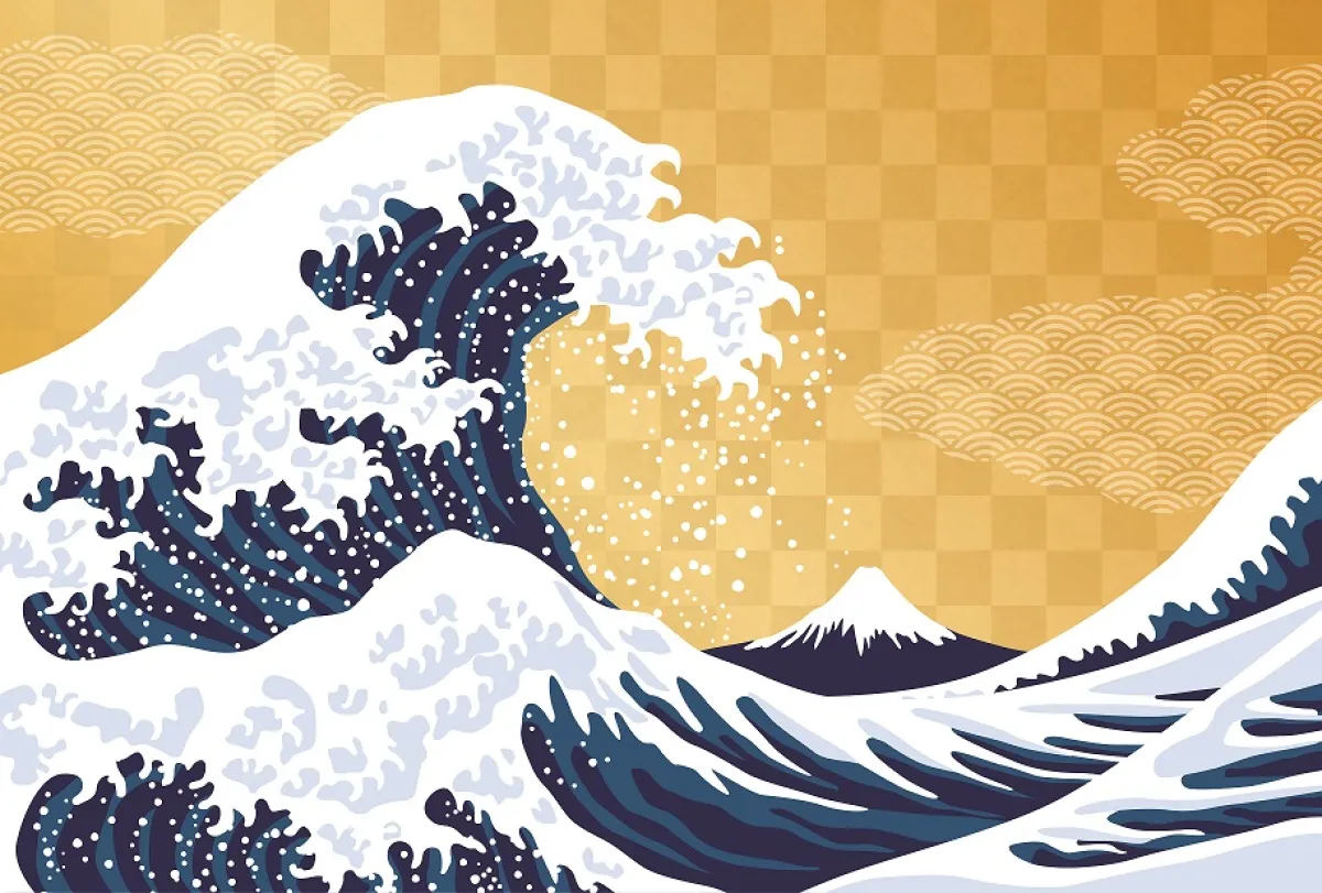 Illustration of a stylized wave in a Japanese ukiyo-e style, featuring intricate details and patterns, against a golden background with a distant mountain peak.