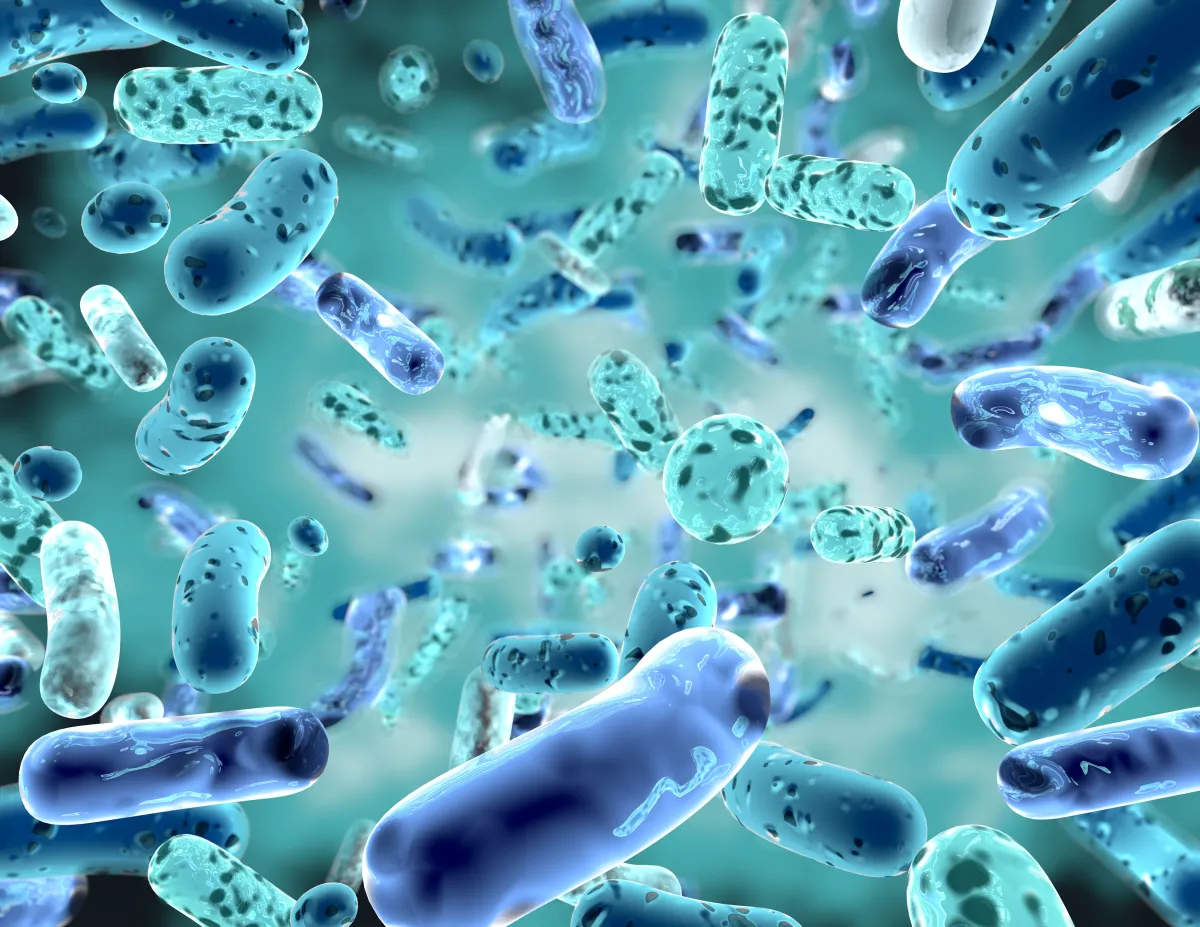 Digital illustration of various bacteria and microbes in shades of blue and green floating in a fluid environment.