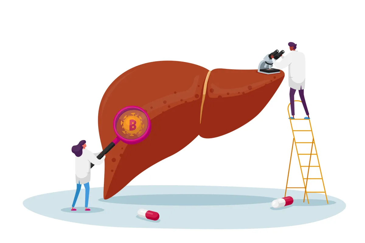 Three scientists examine a giant liver with Bitcoin symbols, using a magnifying glass and a microscope.
