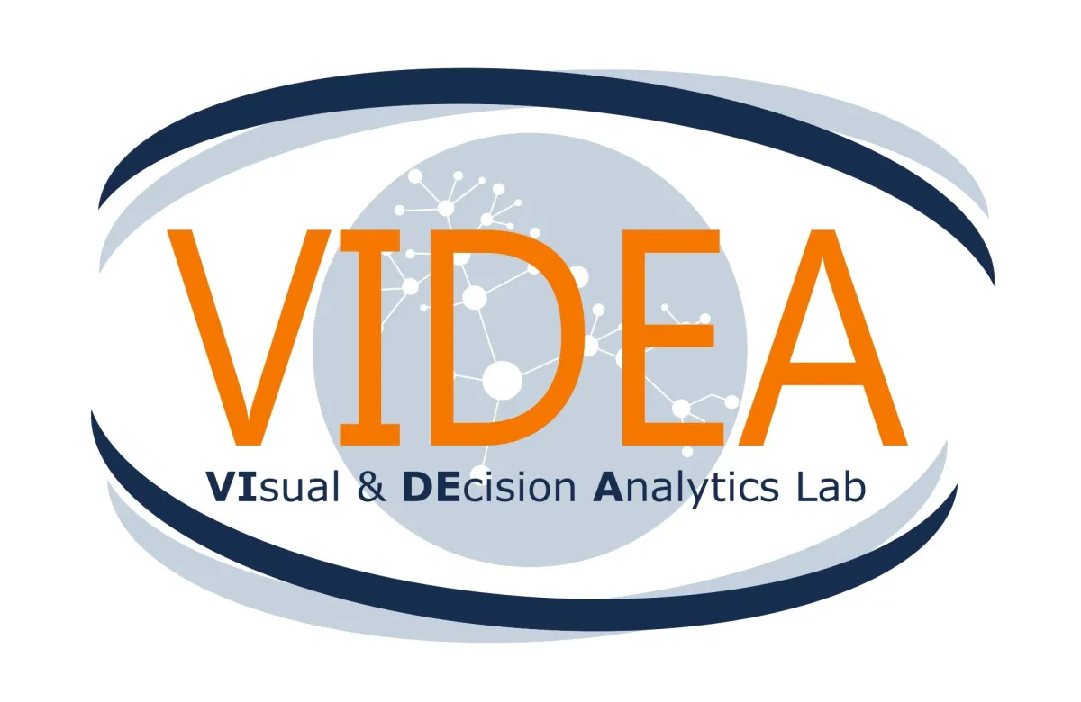 Logo of VIDEA, the Visual &amp; Decision Analytics Lab, featuring stylized text and molecular models within an oval design.