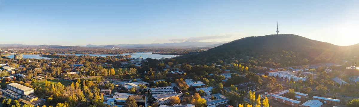 Canberra skyline showing Telstra Tower, city, and ANU campus