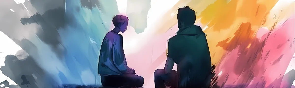 Water colour image showing the silhouette of two people with colourful background