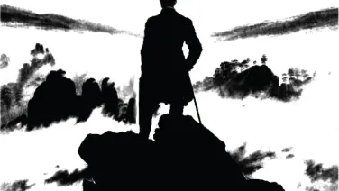 A silhouette of a person standing with a cane on a rocky outcrop, overlooking a misty landscape.