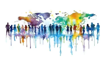 Water colour image showing outlines of people across a world map background