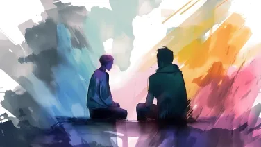 Water colour image showing the silhouette of two people with colourful background