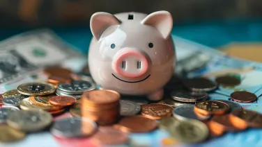 Piggy bank surrounded by coins