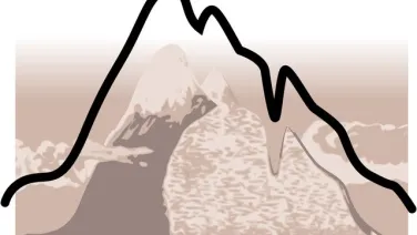 A stylized graphic of mountain peaks in shades of brown and beige.