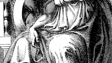 Engraving of a draped woman with a serene expression seated next to a cherub playing an instrument.