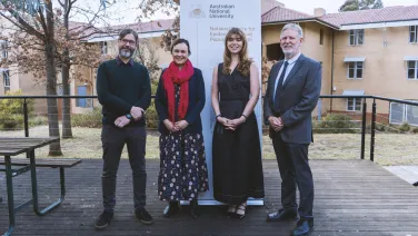 ANU graduate Jasmine Pearson (R-2) with her supervisor A/Prof Anna Olsen (L-2), MPH Convenor Dr Matthew Kelly (L-1) and NCEPH Deputy Director Prof Tony Stewart (R-1). Image: Calo Huang