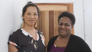 GOARN expert Sera Ngeh with Vanuatu's Director for Public Health Services Dr Jenny Stephen during her deployment to provide risk communication and community engagement (RCCE support). Image: Nancy Wong/WHO