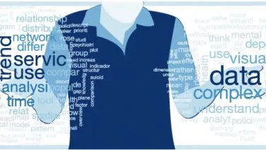 Graphic of a person in a suit with text overlay related to data analysis concepts such as &quot;trend,&quot; &quot;service,&quot; and &quot;complex.&quot;