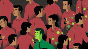 Cartoon man walking through crowd with COVID-19 virus droplets