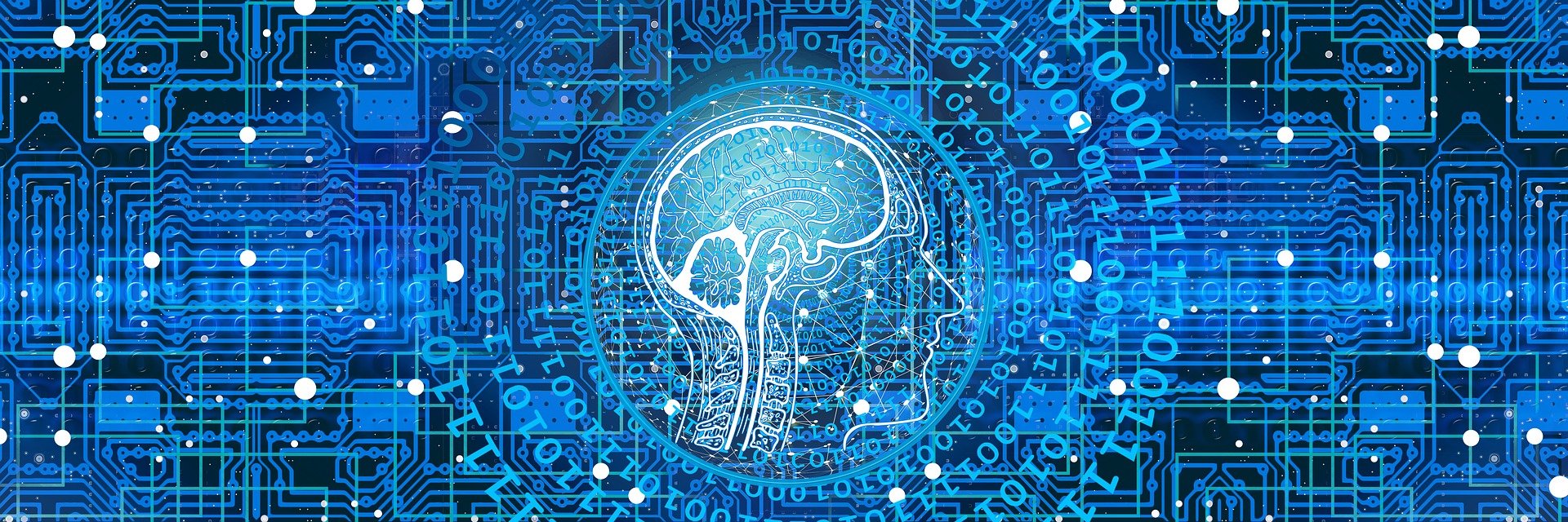 An abstract digital illustration featuring a human brain outlined within a glowing circle, surrounded by a complex blue circuit board pattern.